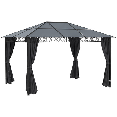Outsunny Hardtop Gazebo Garden Pavilion with UV Resistant Polycarbonate Roof, Curtains, Steel & Aluminium Frame, 3 x 4m, Grey 