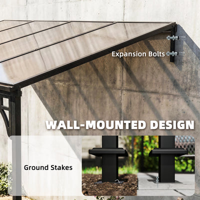 Outsunny 4 x 3 m Metal Lean-to Pergola, Wall-Mounted Garden Pergola with Polycarbonate Roof and Metal-Aluminium Frame, Heavy Duty Hardtop Gazebo for Outdoor Patios, BBQ, Brown 