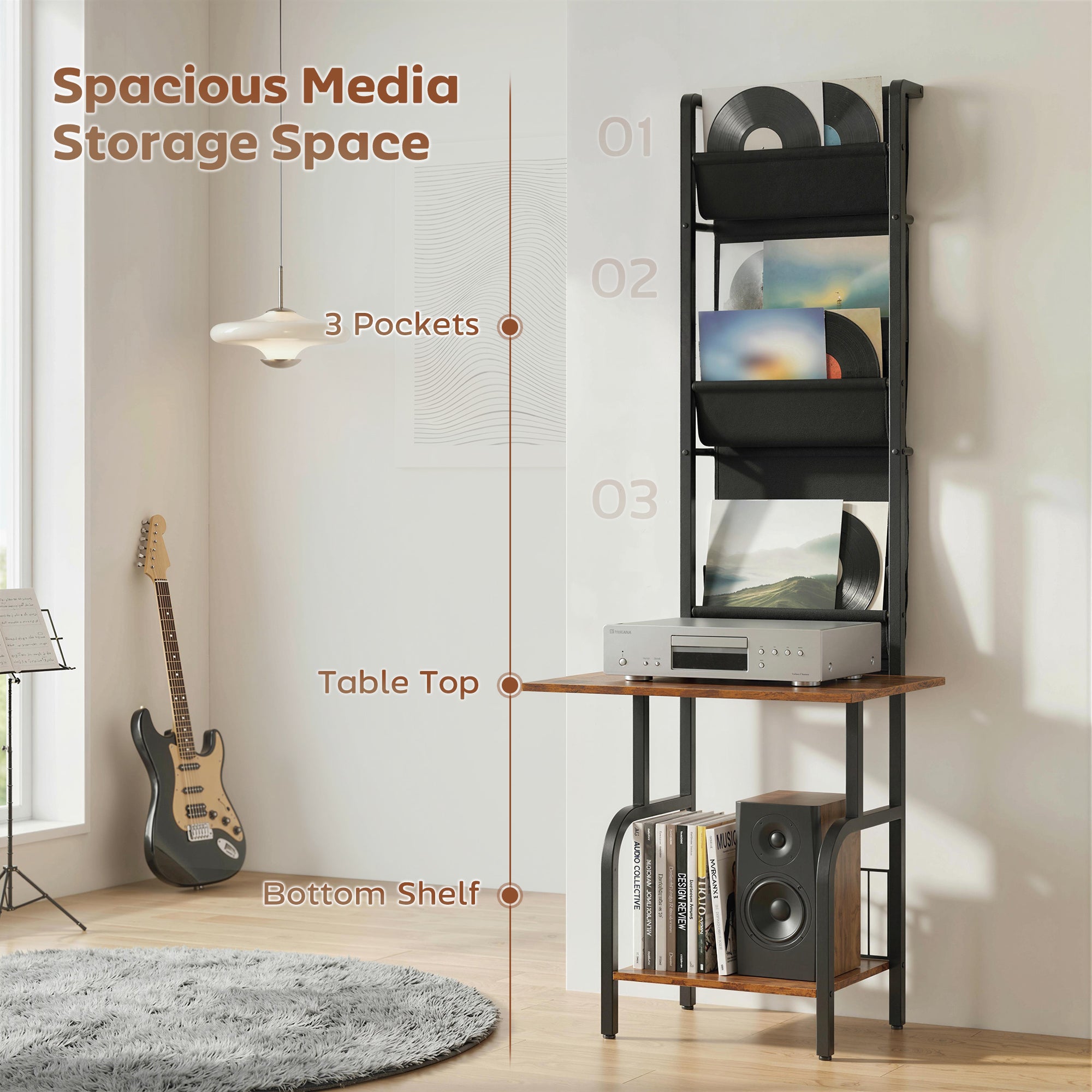 HOMCOM Vinyl Record Player Stand Record Storage with Player Stand Oxford Fabric Pockets Bottom Shelf Rustic Brown and Black 