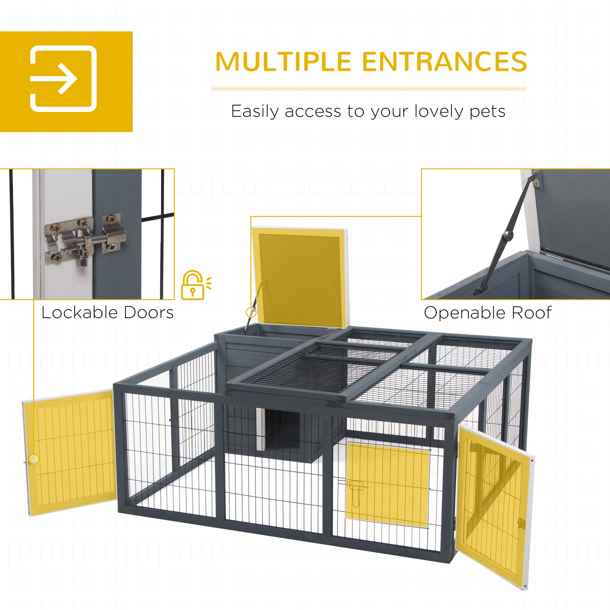 PawHut Rabbit Hutch Outdoor, Guinea Pig House, Bunny Run Cage with Openable Top for 1-2 Rabbits, 123 x 120 x 52cm, Grey 