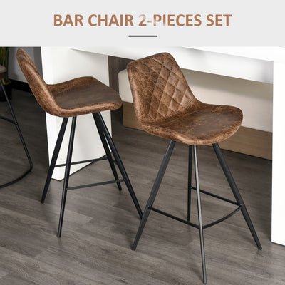 HOMCOM Set Of 2 Bar Stools Vintage Microfiber Cloth Tub Seats Padded Comfortable Steel Frame Footrest Quilted Home Bar Cafe Kitchen Chair Stylish Brown 