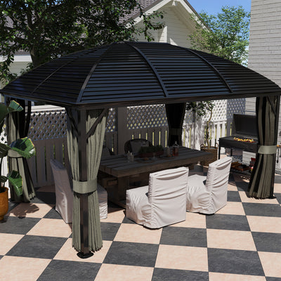 Outsunny 3 x 4m Hardtop Gazebo Canopy with Metal Roof, Aluminium Gazebo Permanent Pavilion with Netting and Curtains, Dark Grey 