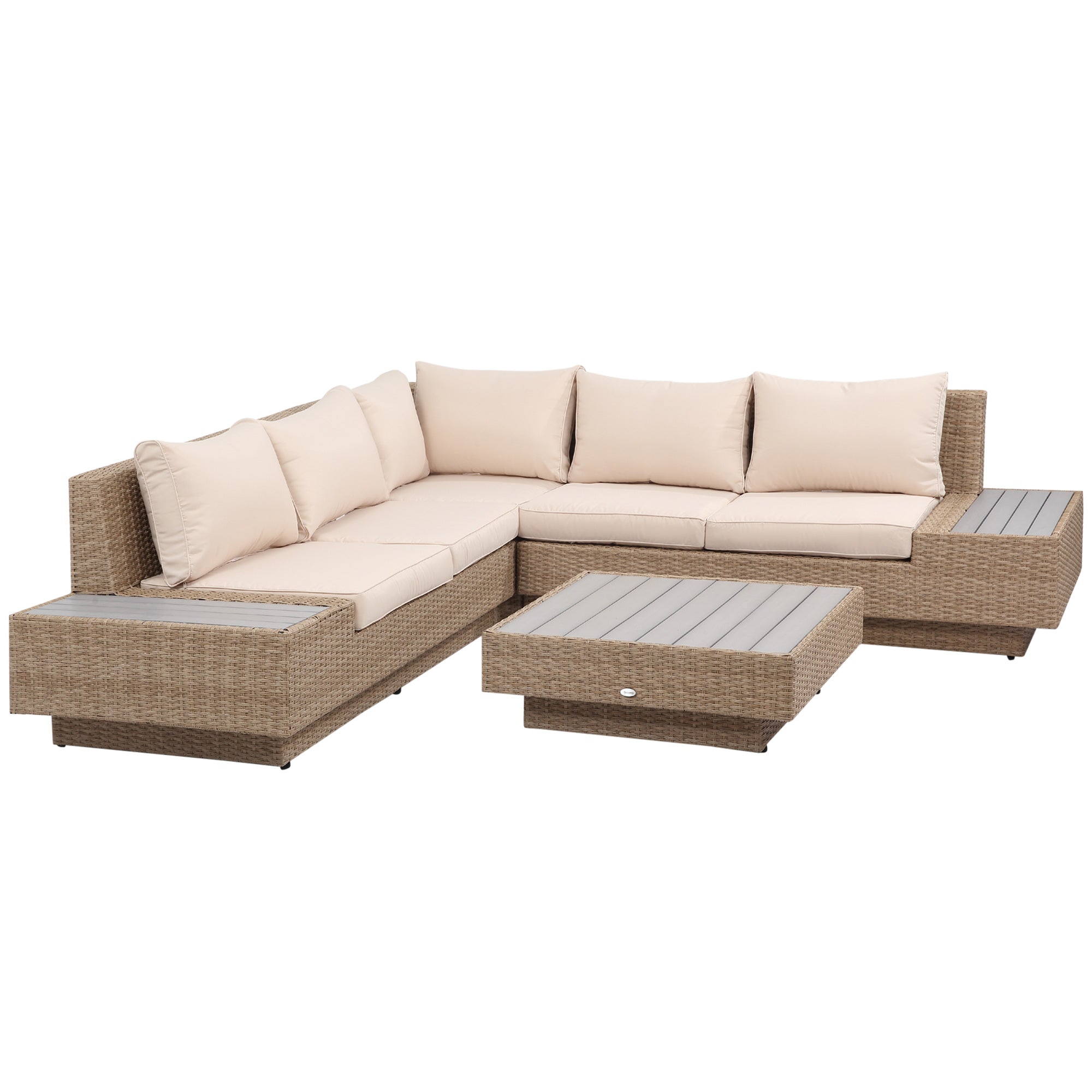 Outsunny 4 Pieces Rattan Garden Furniture Set, Garden Corner Sofa with Side Trays, Wicker Conservatory Furniture Set with Loveseats, Slatted Plastic Top Coffee Table and Cushions, Beige 