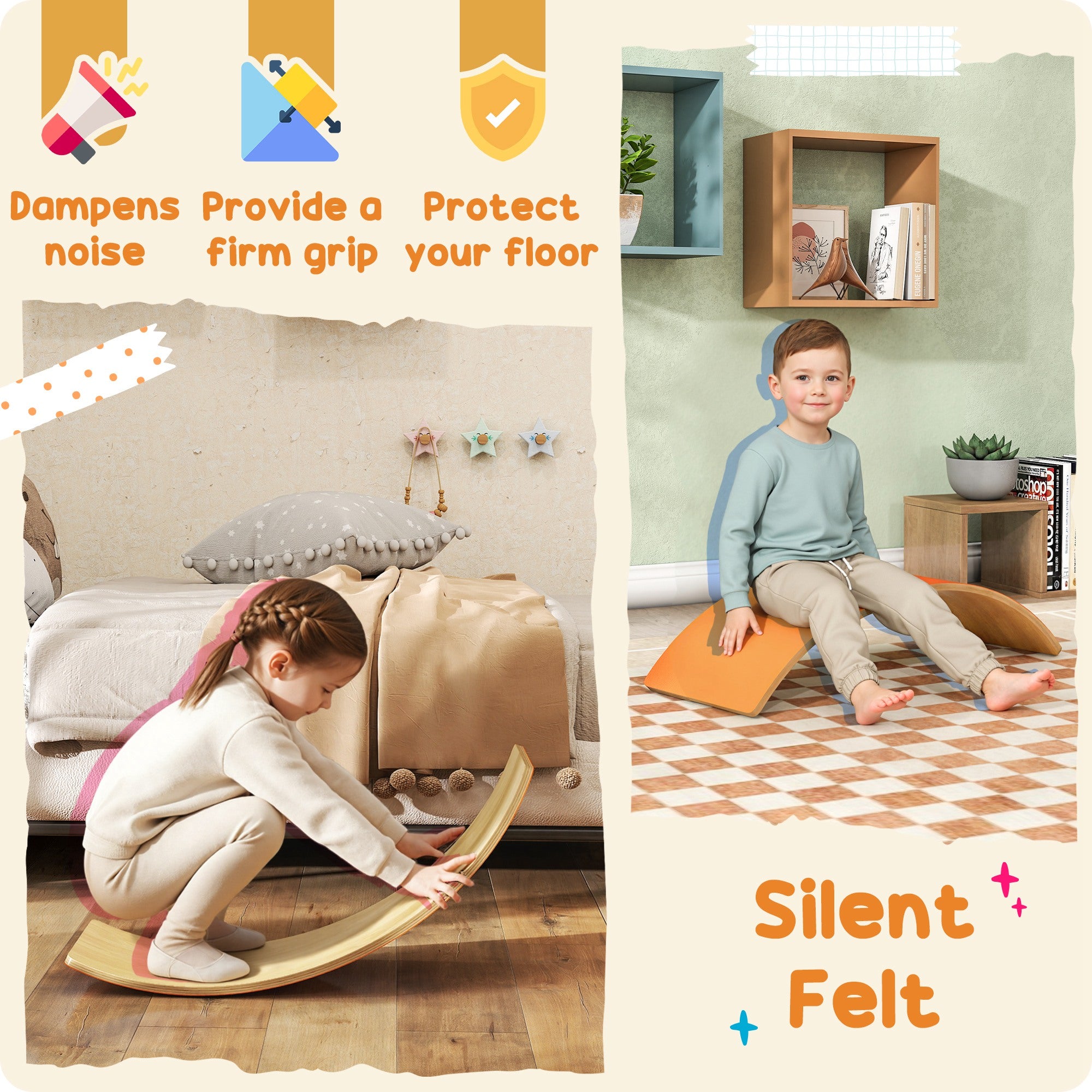 AIYAPLAY Wooden Balance Board for Kids, Wobble Board with Silent Felt for Sensory Play, Orange 