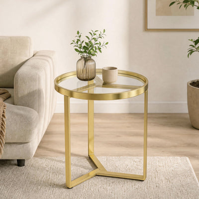 HOMCOM Round Side Table with Tempered Glass Top and Geometric Metal Frame for Small Space, Gold Tone