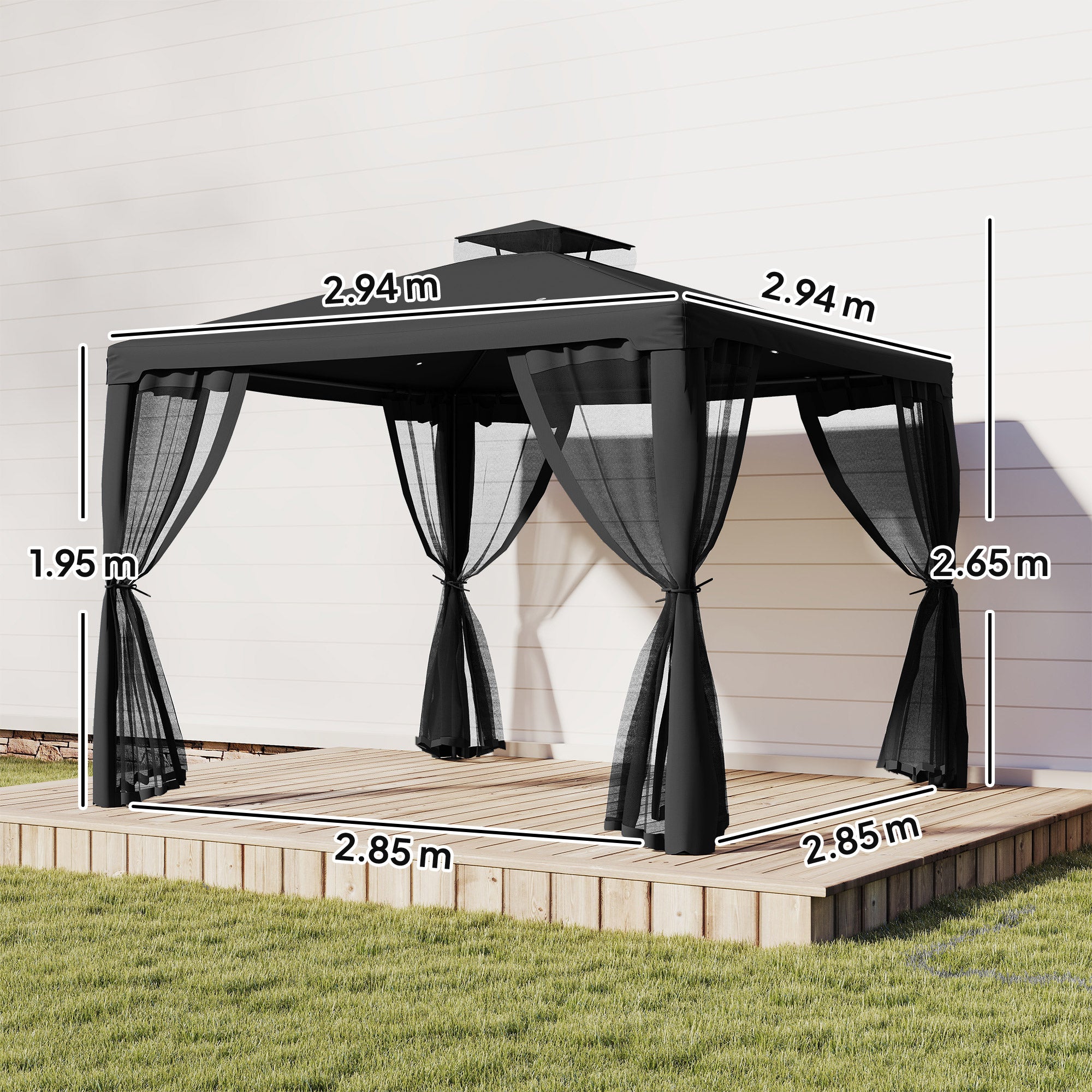 Outsunny 3 x 3 m Metal Gazebo, Garden Pavillion, Double Roof Outdoor Canopy Shelter with Mesh Sidewalls, Black 