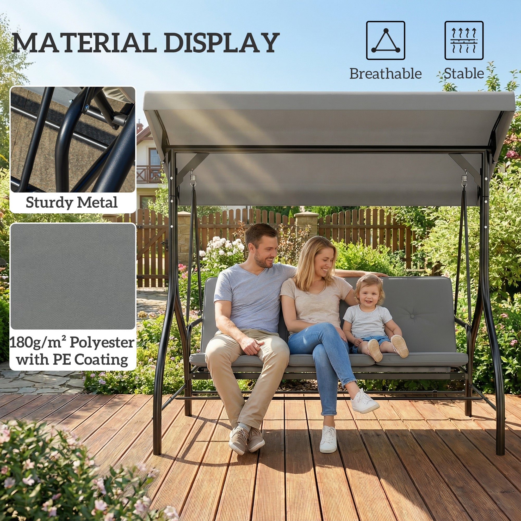 Outsunny 3 Seater Canopy Swing Chair, 2 in 1 Garden Swing Seat Bed, with Adjustable Canopy and Metal Frame, Light Grey 