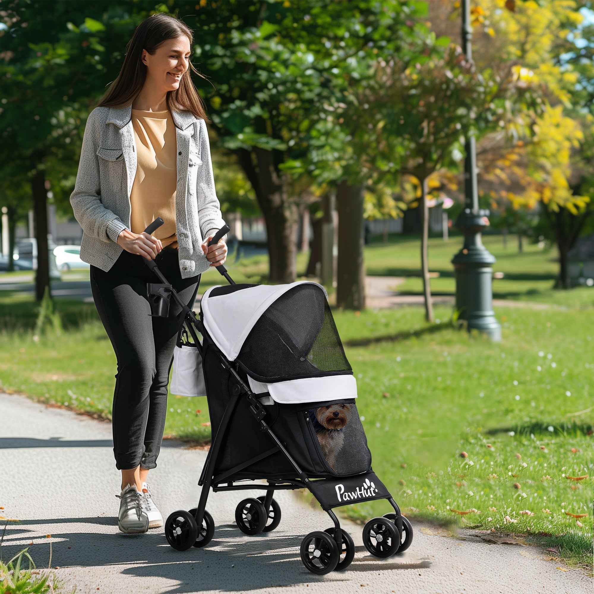 PawHut Umbrella Structure Dog Stroller, Lightweight & Portable Dog Pram w/ Shoulder Strap, Storage Bag & Cup Holder, Light Grey 