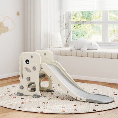 AIYAPLAY 3 in 1 Kids Slide with Climber, Basketball Hoop and Ball, Foldable Indoor Toddler Slide for Ages 2-5, Cream White 