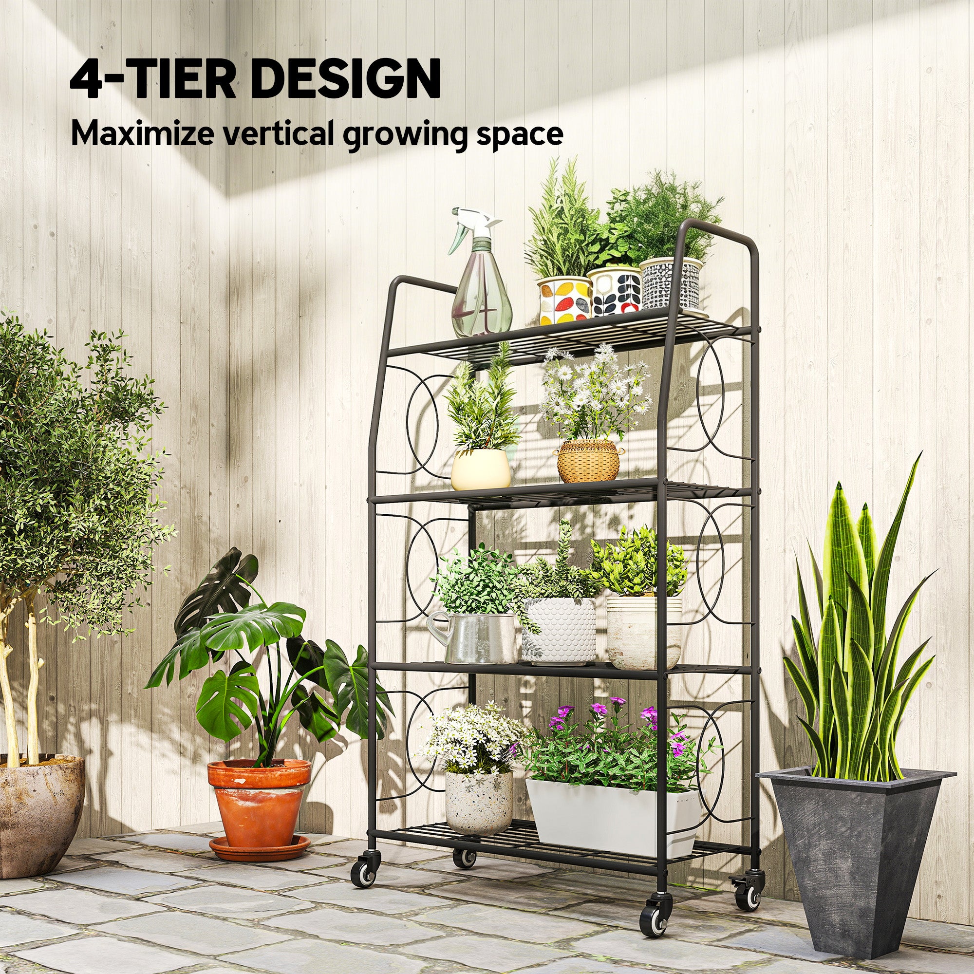 Outsunny 4-Tier Metal Plant Stand, Heavy Duty Ladder Shelf Potted Plants Display Rack with Lockable Wheels 