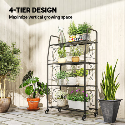 Outsunny 4-Tier Metal Plant Stand, Heavy Duty Ladder Shelf Potted Plants Display Rack with Lockable Wheels 