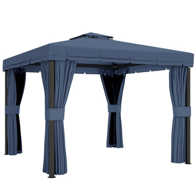 Outsunny 3 x 3(m) Patio Gazebo Canopy Garden Pavilion Tent Shelter Marquee with 2 Tier Roof, Netting and Curtains, Dark Blue 