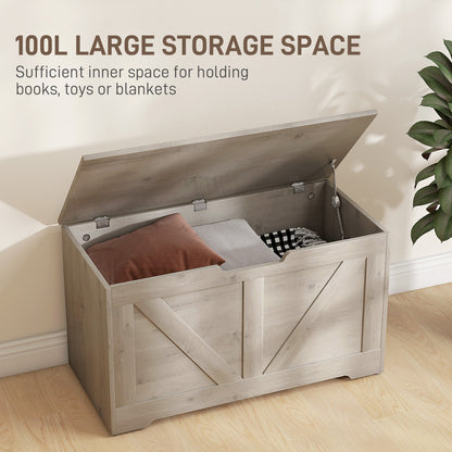 HOMCOM 100L Home Storage Box, with Safety Hinges - Grey Wood-Effect 