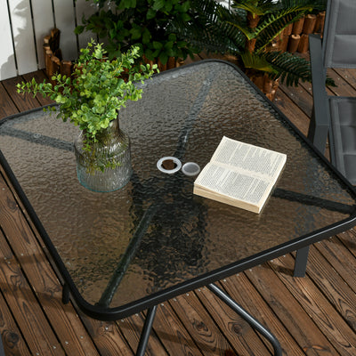 Outsunny Square Patio Table, Tempered Glass Top Bistro Table, Garden Dining Table, Outdoor Accent Coffee Table 76 x 76cm Steel Frame with Umbrella Hole 