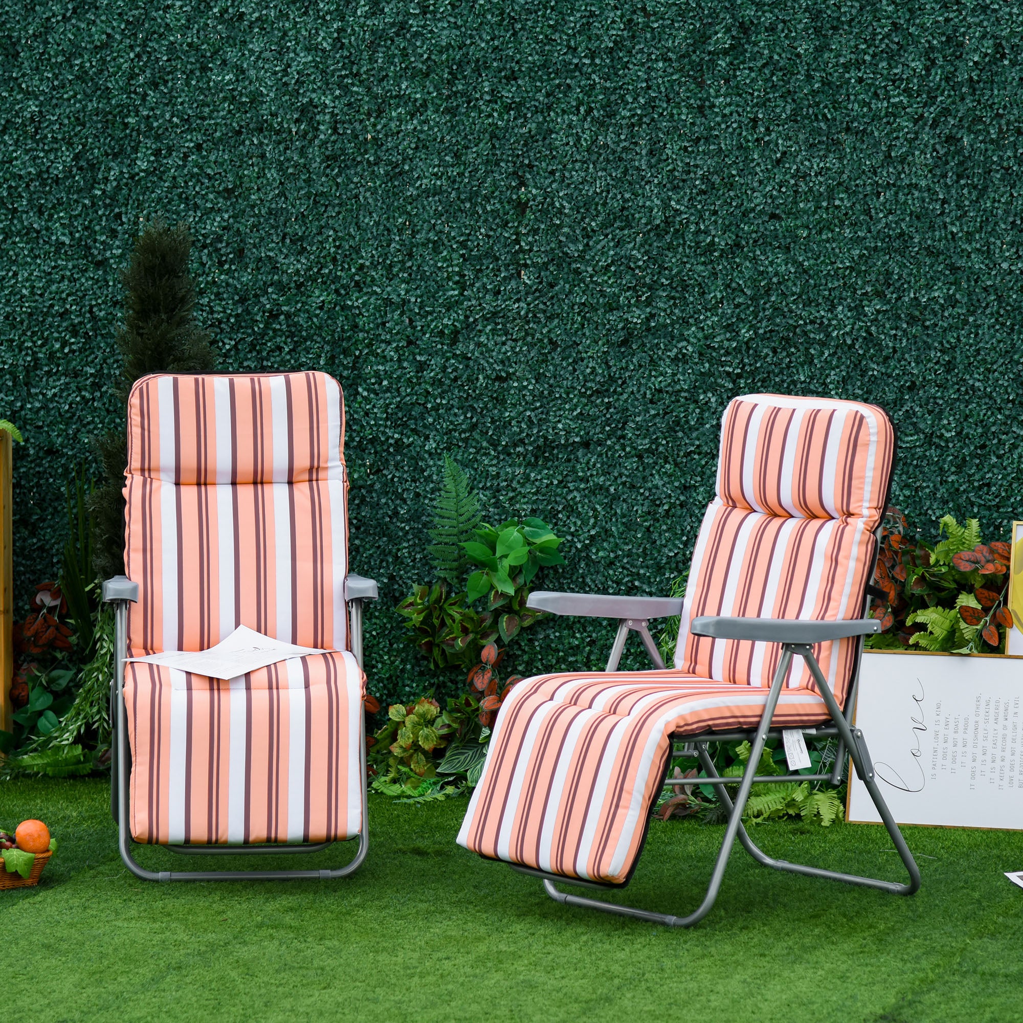 Outsunny Reclining Garden Chair Set of 2, 5-Level Adjustable Zero Gravity Chairs with Cushions, Folding Sun Lounger Garden Recliner Chairs with Armrests for Outdoor, Patio, Orange Stripe 