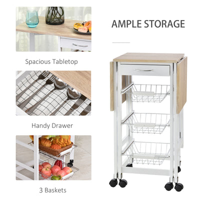 HOMCOM Drop-Leaf Kitchen Cart Trolley w/ 3 Baskets Drawer Surface Top 6 Universal Wheels Rolling Storage Unit Kitchen Home Dining Island White Oak Tone 