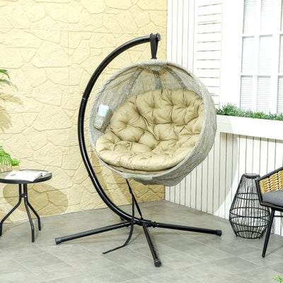 Outsunny Hanging Egg Chair Outdoor Indoor Garden Swing Chair with Folding Basket, Garden Hanging Chair with Stand, Thickened Cushion, Cup Holder for Patio, Balcony, Khaki 