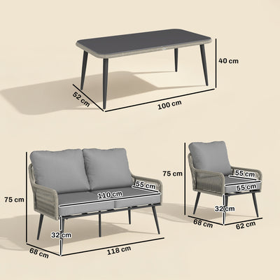 Outsunny Rattan Garden Furniture Set, 4 Piece Outdoor Patio Furniture with Tempered Glass Table and Chairs, Indoor Balcony Conservatory Set 