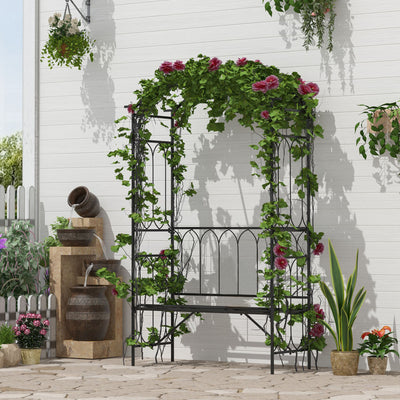 Outsunny Garden Metal Frame Bench W/Arch for Various Climbing Plant, 115Lx50Wx203H cm-Black 