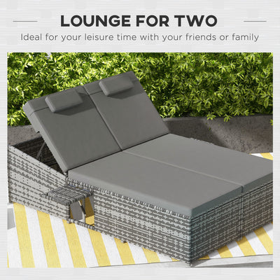 Outsunny 2 Seater Rattan Day Bed w/ Fire Retardant Cushions Grey 