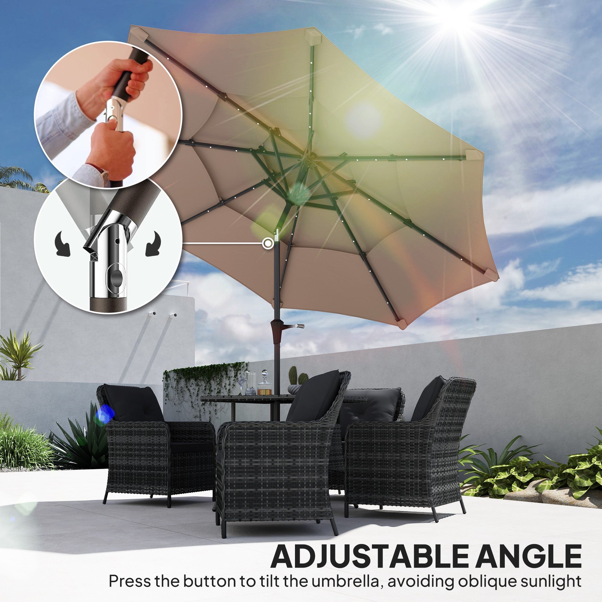 Outsunny 3-Tier Garden Parasol with Solar LED Lights, UPF 30+, Tilt Mechanism & Crank Handle, for Market Terrace, Khaki 