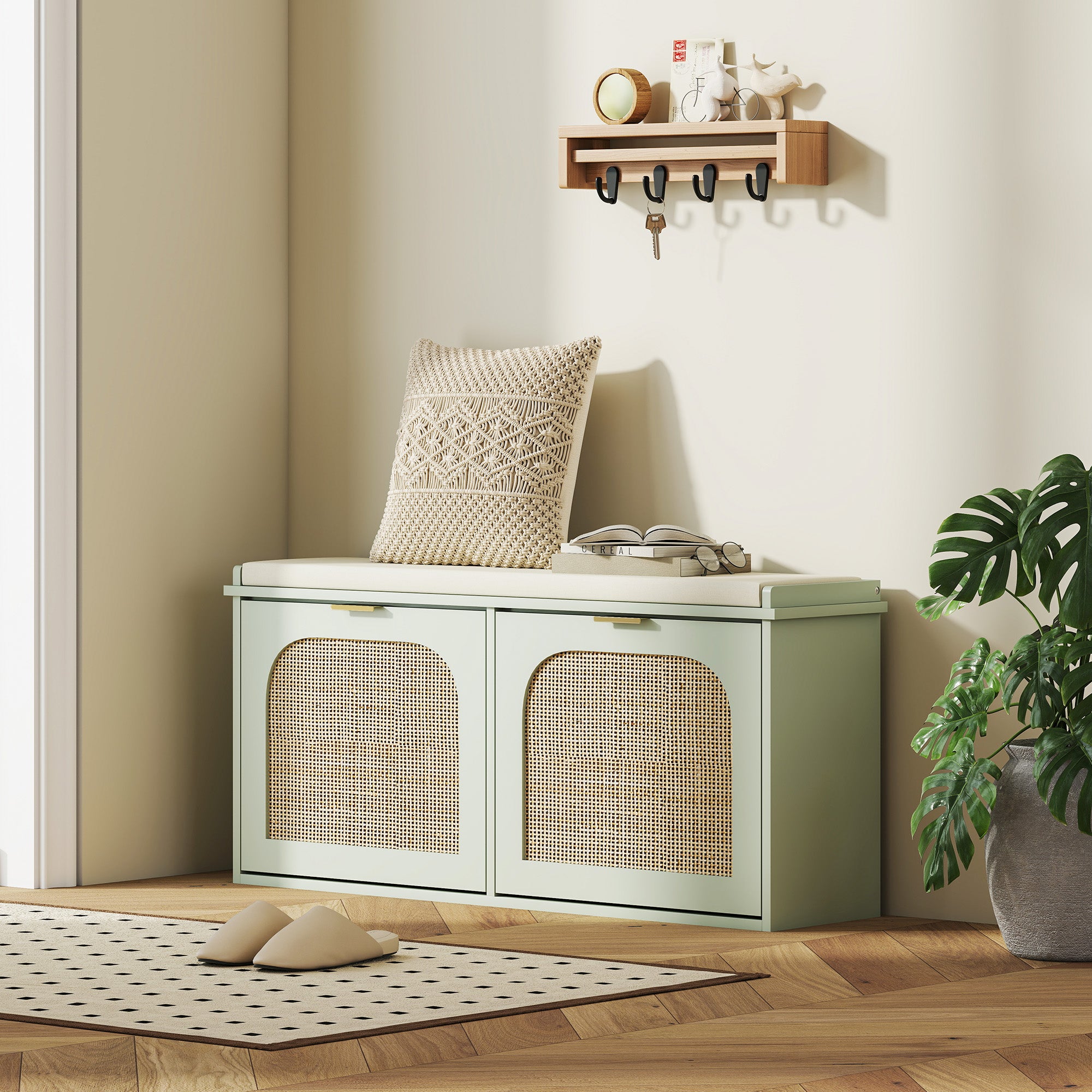 HOMCOM Boho Shoe Bench with Padded Seat and 2 Flip-Drawers - Light Green