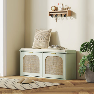 HOMCOM Boho Shoe Bench with Padded Seat and 2 Flip-Drawers - Light Green 