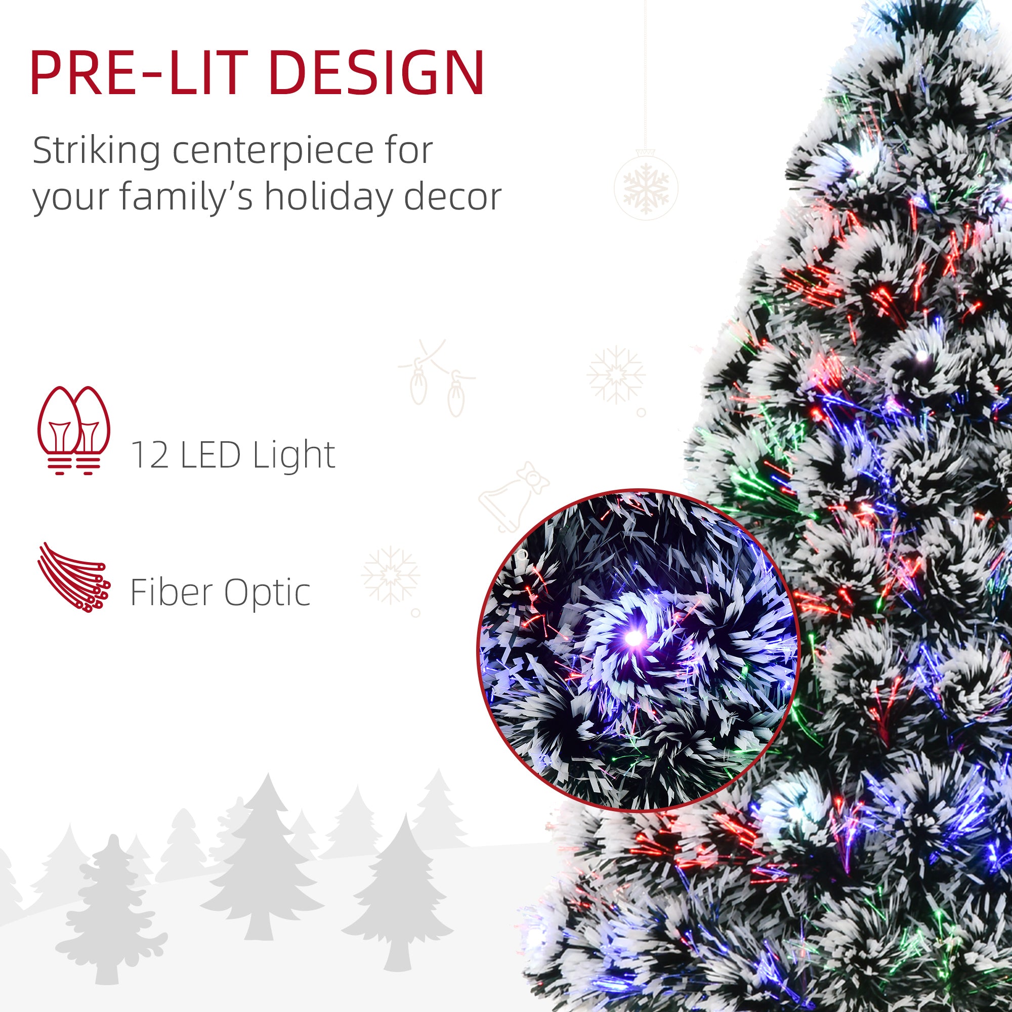 HOMCOM 3ft Artificial Prelit Christmas Tree, Snow Xmas Tree with Colourful LED Lighting Fiber Optics, Green White 