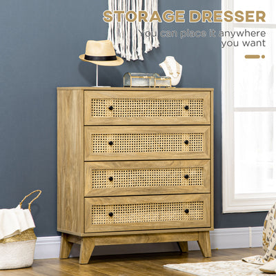 HOMCOM Storage Cabinet, 4-Drawer Unit with Rattan Element for Bedroom, Living Room, 80cmx35cmx95cm, Wood Effect 