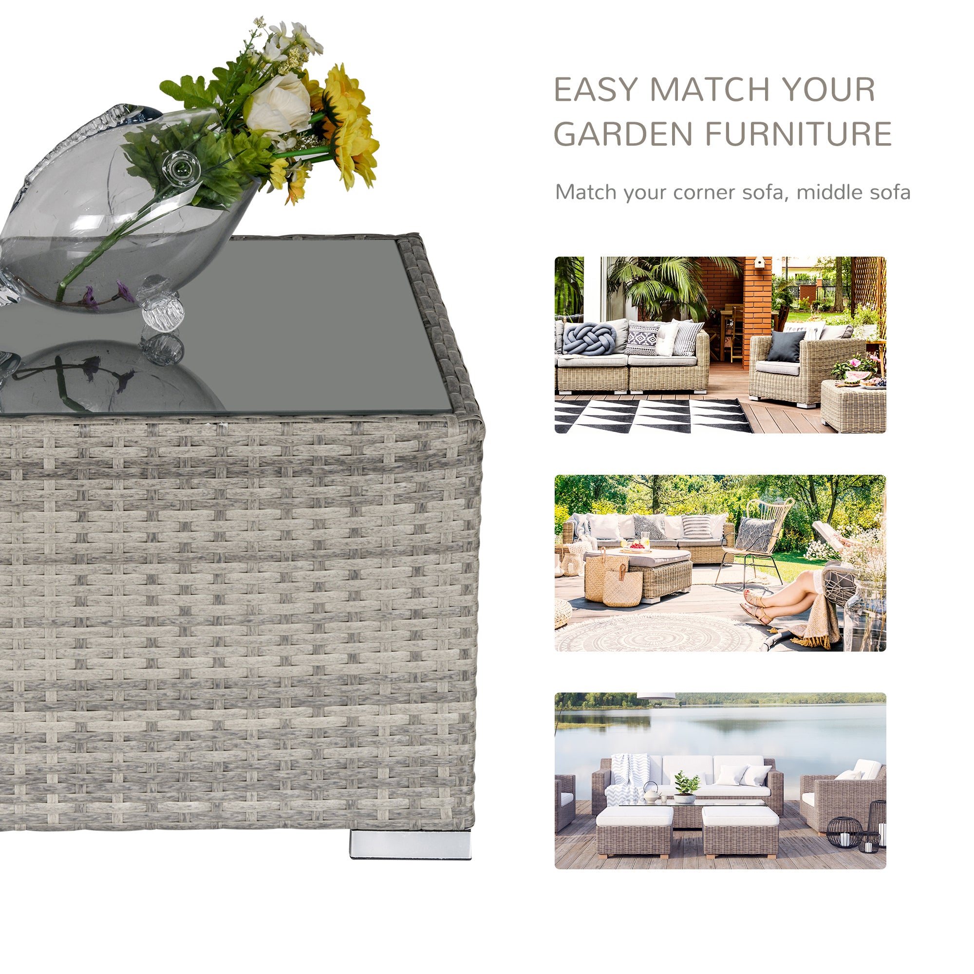 Outsunny Square PE Wicker Rattan Table, with Glass Top - Light Grey 