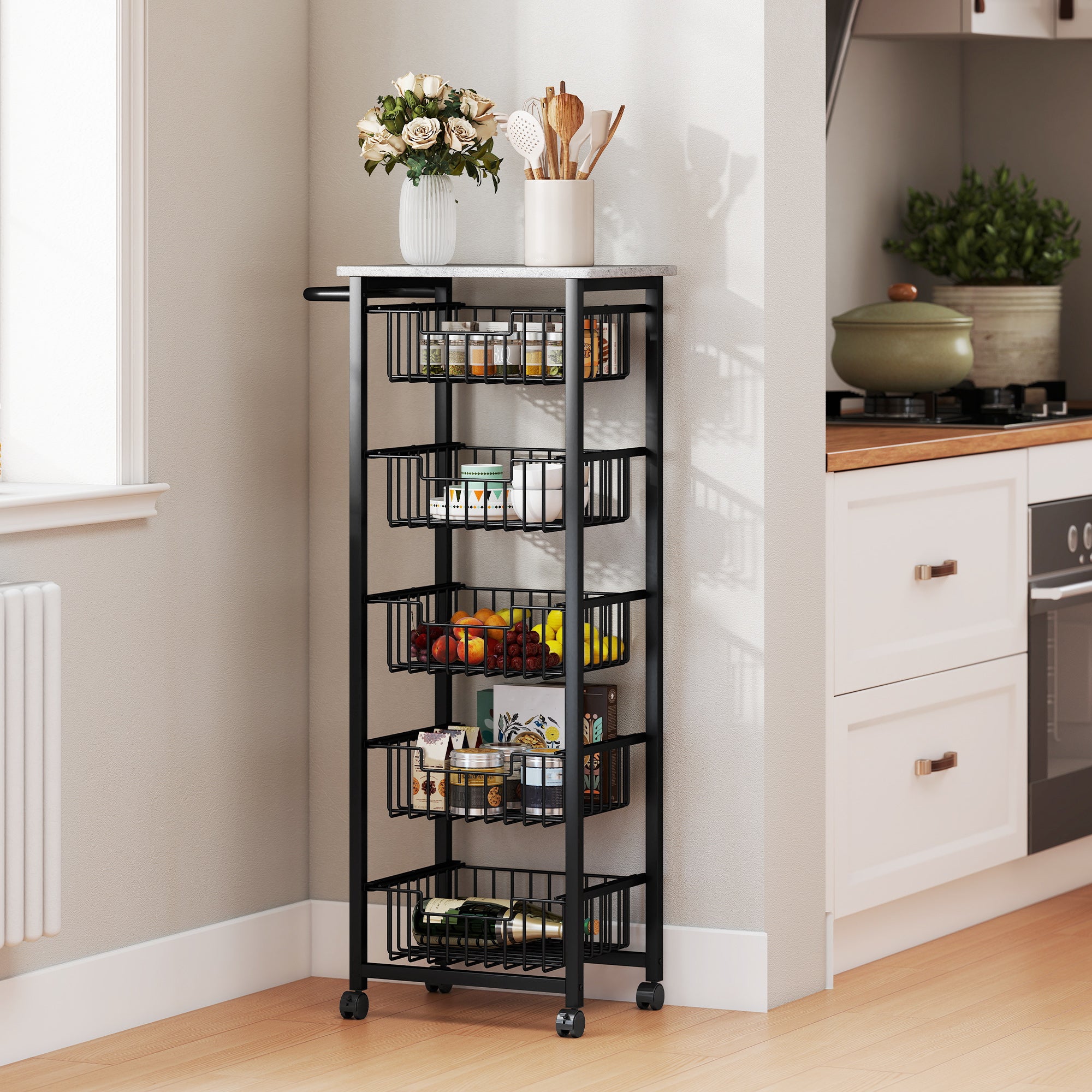 HOMCOM Five Basket Mobile Kitchen Island, with Brakes - Grey/Black 
