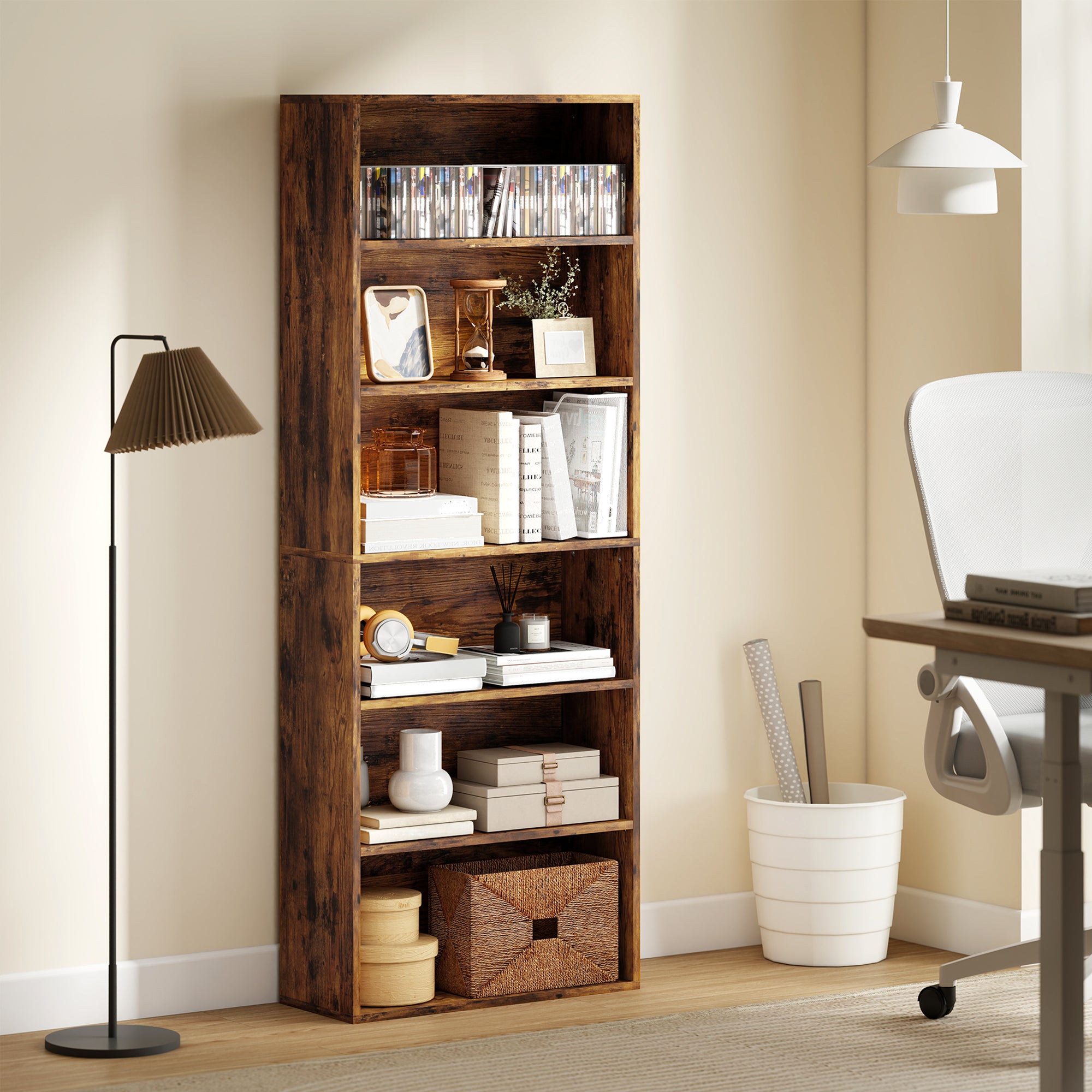 HOMCOM Six Shelf Bookcase - Rustic Brown 