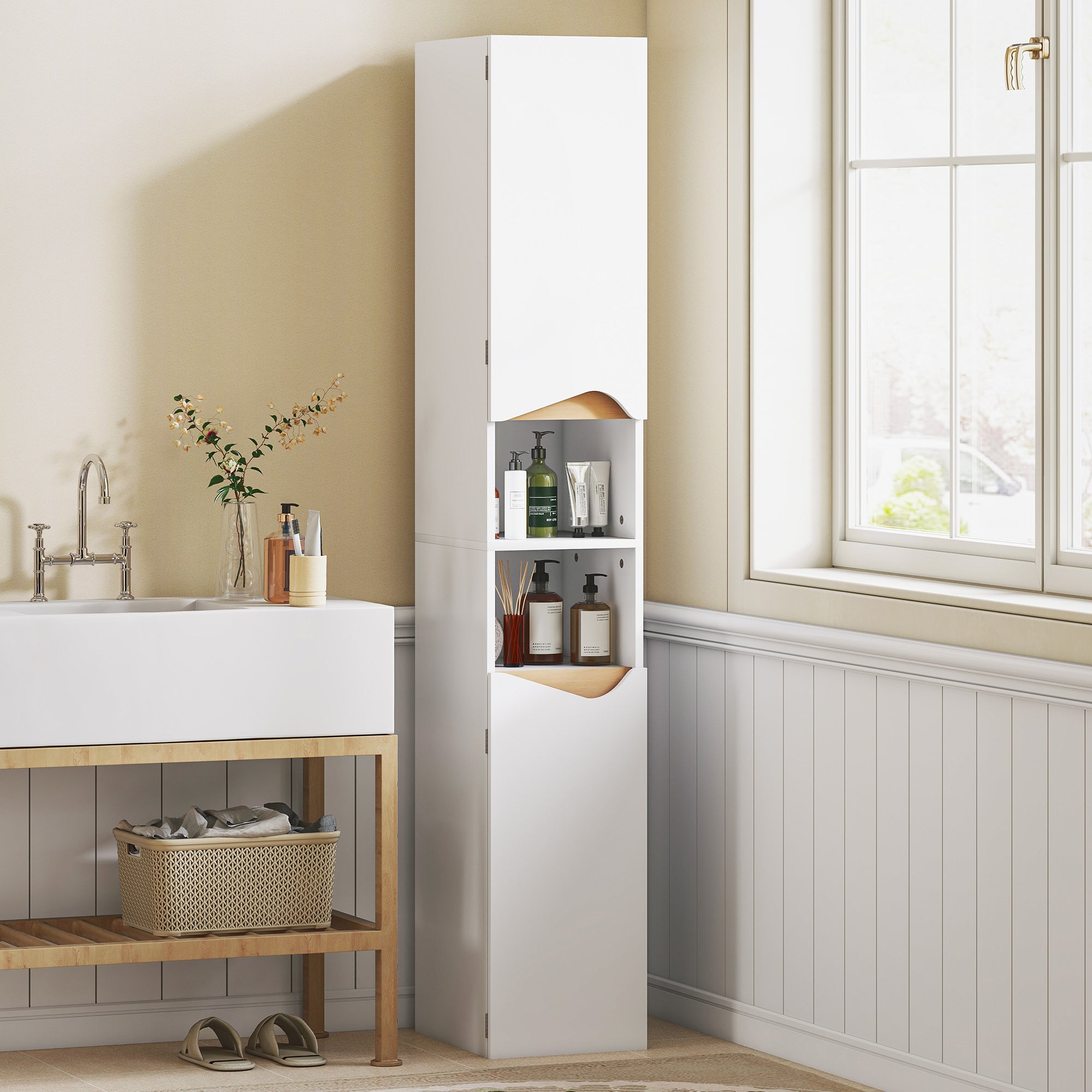 HOMCOM Tall Slim Bathroom Cabinet with 2 Doors, 2 Shelves - White 