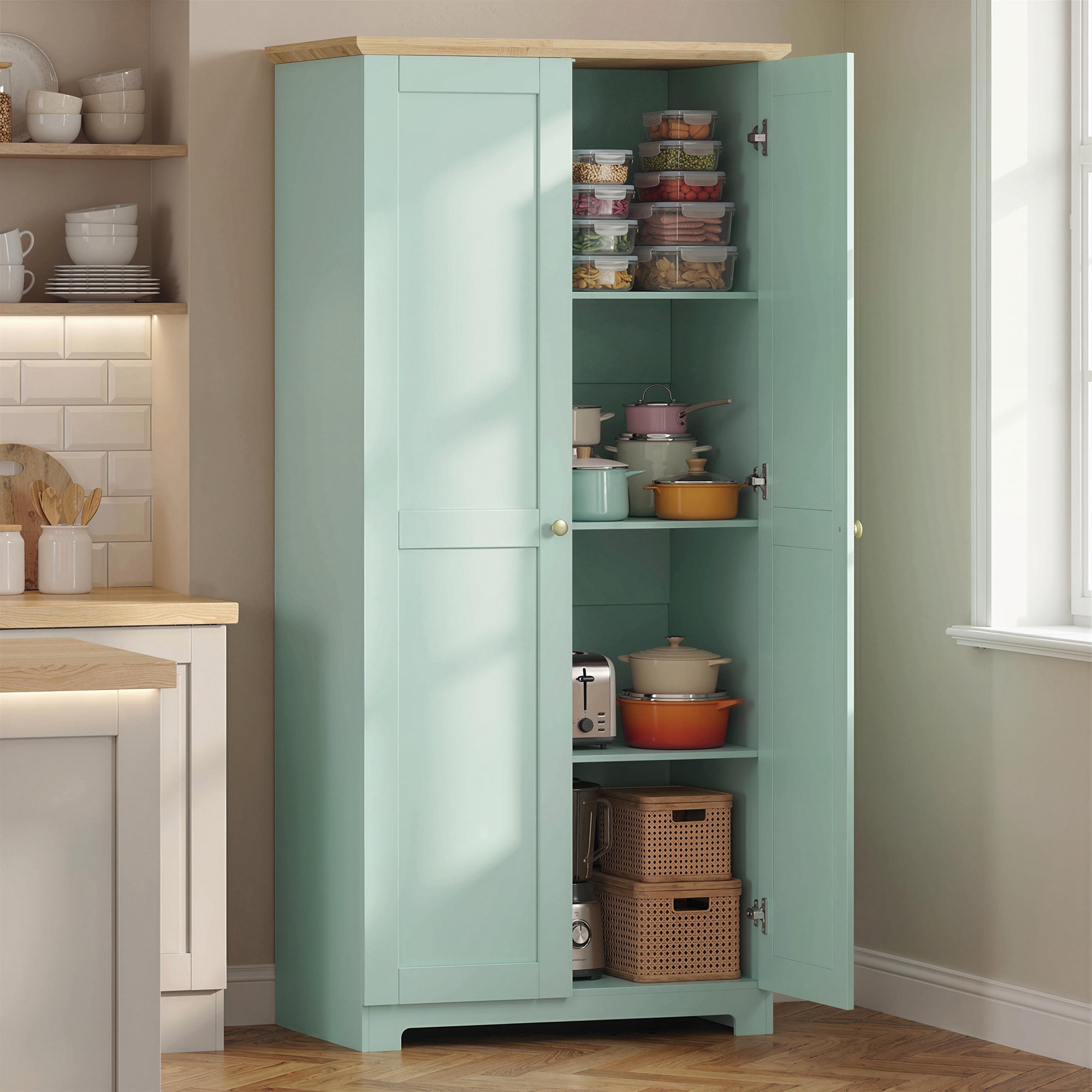 HOMCOM Kitchen Cupboard, 172cm Freestanding Storage Cabinet with Doors and Shelves, Light Green 