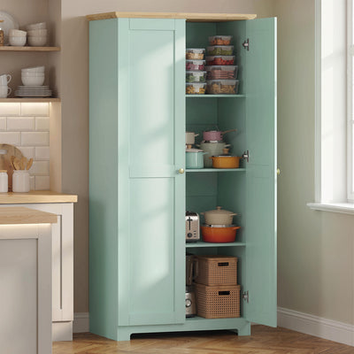 HOMCOM Kitchen Cupboard, 172cm Freestanding Storage Cabinet with Doors and Shelves, Light Green 