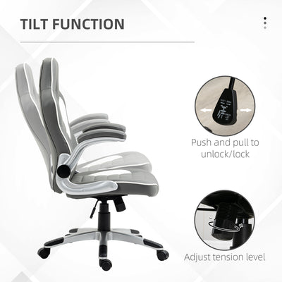 Vinsetto Computer Gaming Chair, Office Desk Swivel Chair, PU Leather Racing Chair with 90\'c2\'b0 Flip-up Armrest, Adjustable Height and Rolling Wheels, Grey 