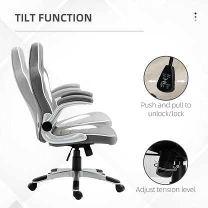 Vinsetto Computer Gaming Chair, Office Desk Swivel Chair, PU Leather Racing Chair with 90\'c2\'b0 Flip-up Armrest, Adjustable Height and Rolling Wheels, Grey