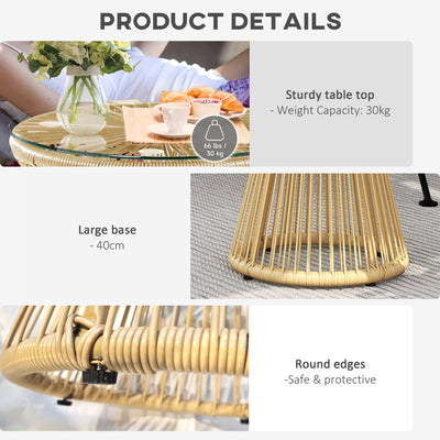Outsunny Round End Table, Rattan Side Table, Hollow Drum Design Coffee Table w/ Glass Tabletop for Patio, Garden, Balcony Natural 