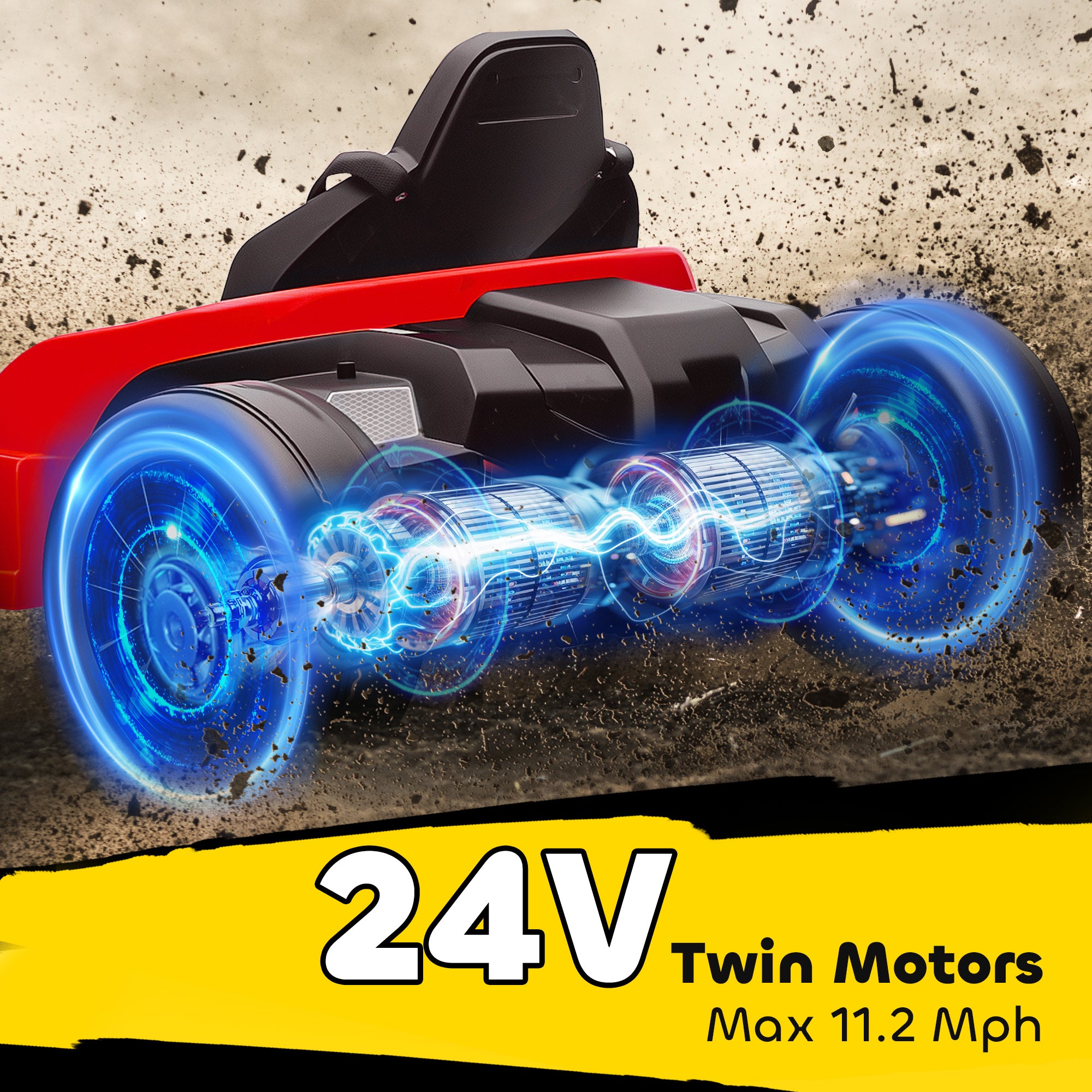 AIYAPLAY 24V Electric Go Kart, Drift Kart with Adjustable Seat, Slow Start, 5-Point Harness, Music, Horn, for 6-12 Years, Red 