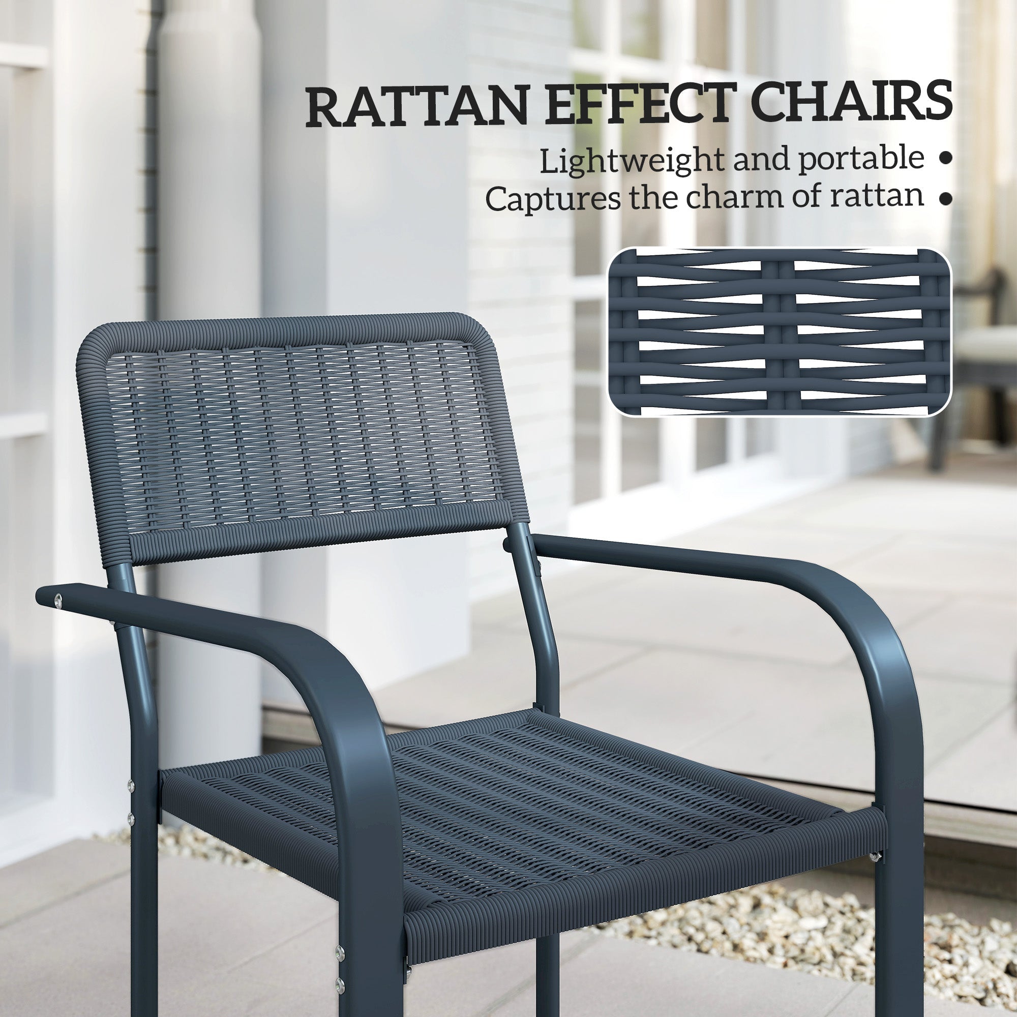 Outsunny Garden Chairs Set of 4, Stackable Rattan Effect Dining Chairs with Armrest, Weather Resistant and Lightweight Outdoor Furniture Armchairs for Patio, Balcony, Terrace, Dark Grey 
