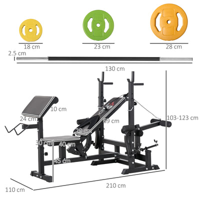 HOMCOM Weight Bench with Adjustable Barbell Rack, Leg Extension, Preacher Curl Pad and 20kg Barbell Set 