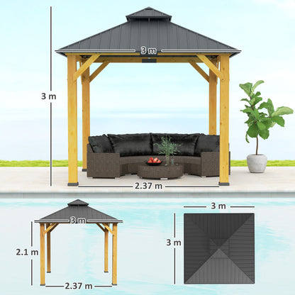 Outsunny 3x(3)M Outdoor Hardtop Gazebo Canopy with 2-Tier Roof and Solid Wood Frame, Outdoor Patio Shelter for Patio, Garden, Grey 