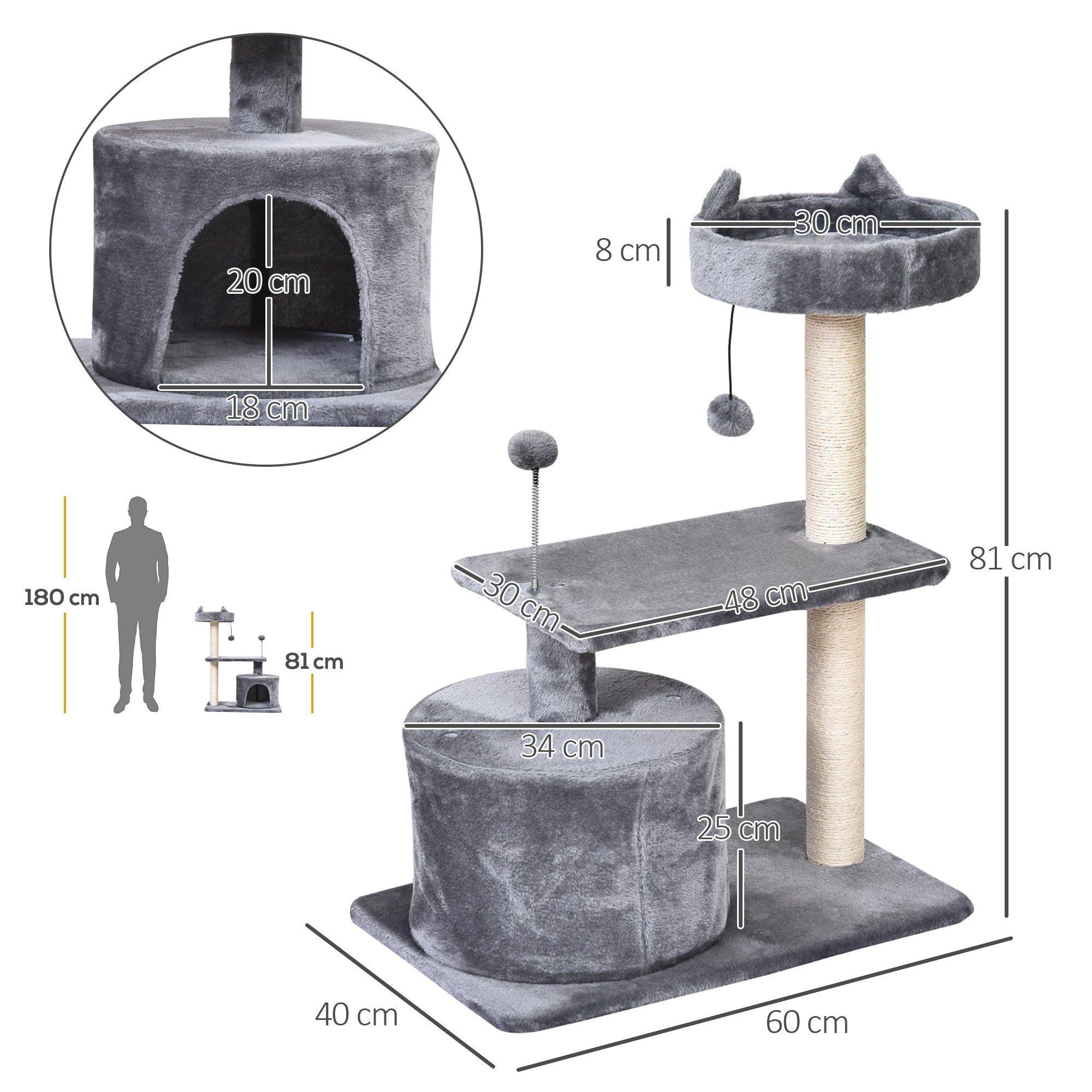 PawHut Cat Tree for Indoor Cats with Scratching Post Climbing Tower Kitty Activity Centre Condo Perch Jumping Platforms Grey 60L x 40W x 81H cm 