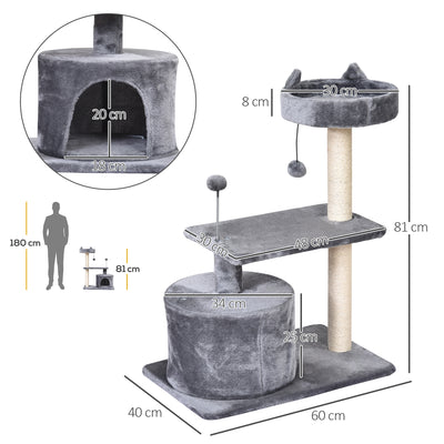 PawHut Cat Tree for Indoor Cats with Scratching Post Climbing Tower Kitty Activity Centre Condo Perch Jumping Platforms Grey 60L x 40W x 81H cm 