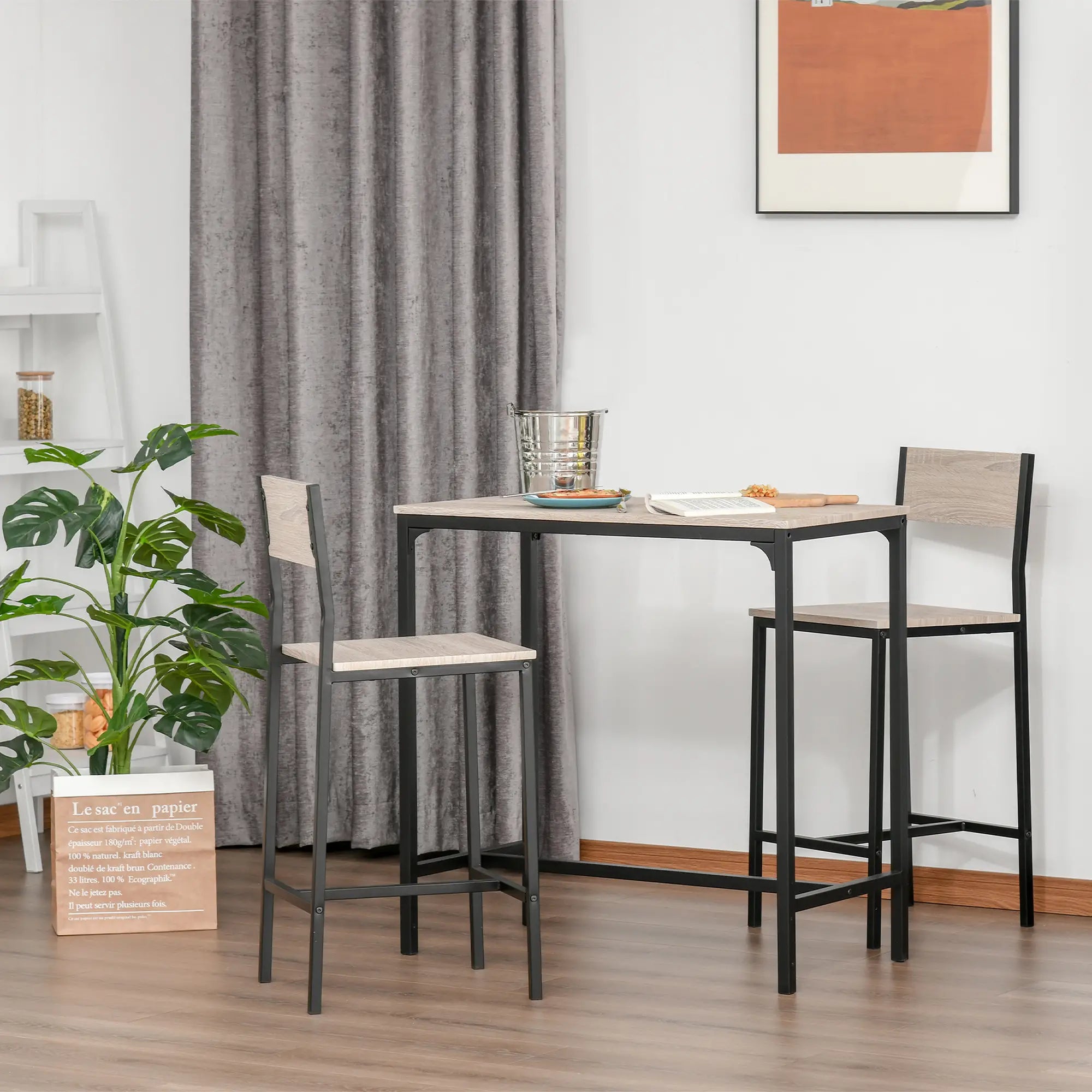 HOMCOM 3 Pcs Table Stool Set Industrial Design w/ Metal Frame Oak Tone MDF Panels Minimal Compact Beautiful