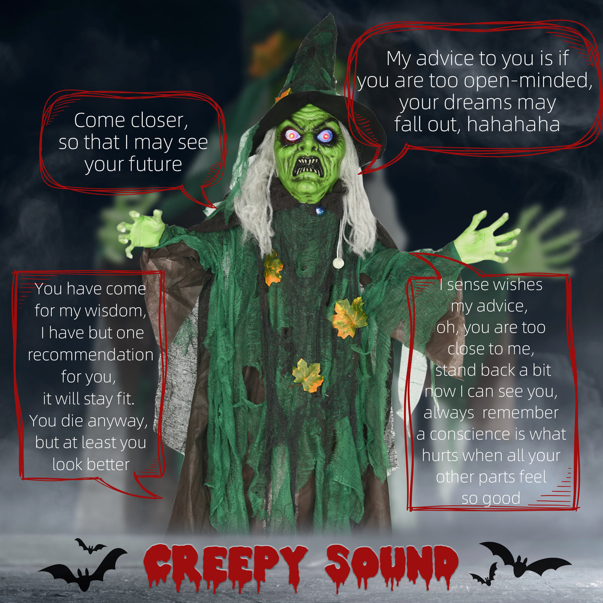HOMCOM 6ft Halloween Witch Decoration, Outdoor Activated Prop with Light Up Eyes Magical Heart, Sound Activated 