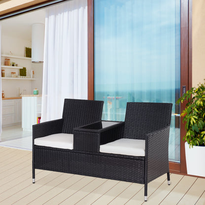 Outsunny 2-Seater Rattan Chair Set W/Middle Tea Table-Black 