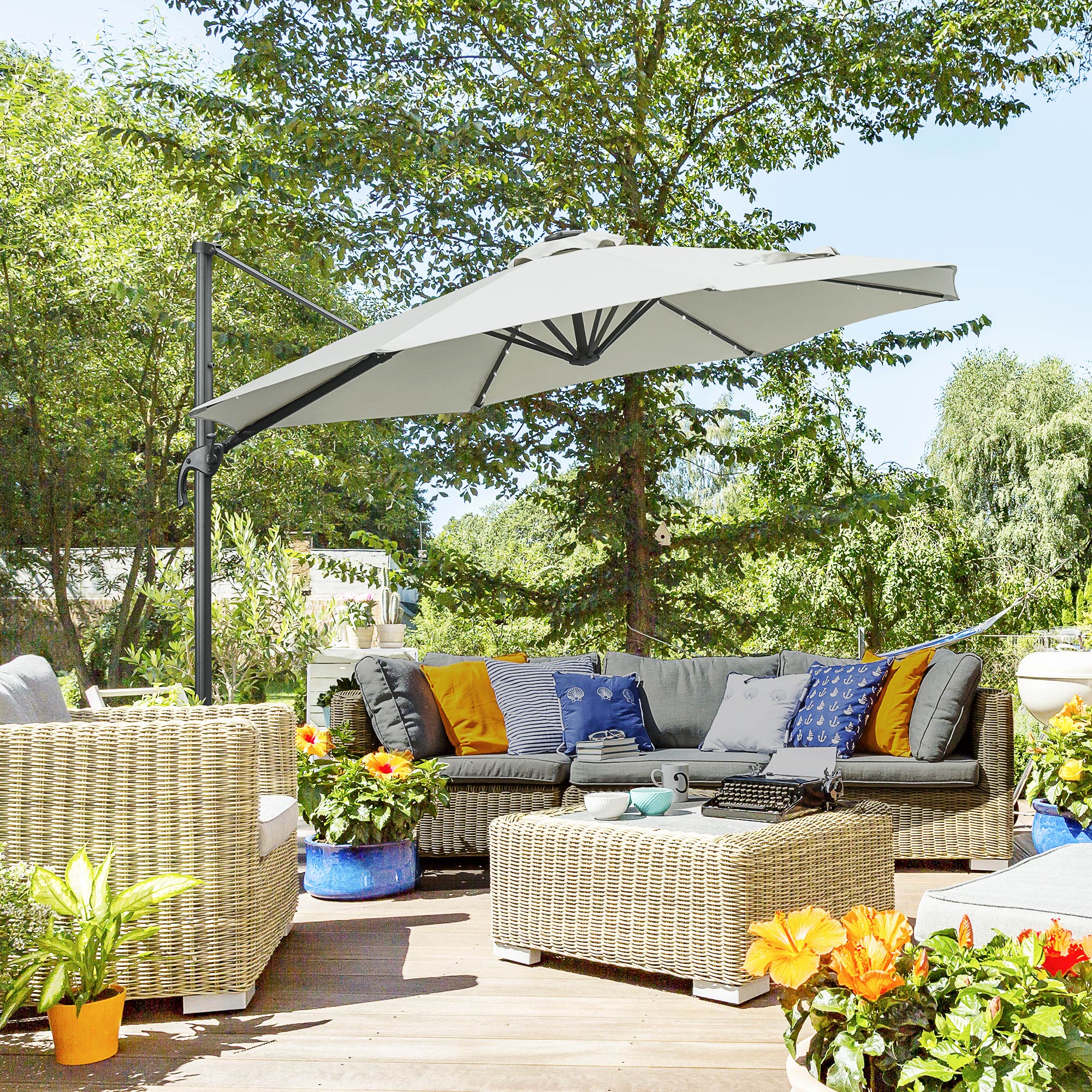 Outsunny 3(m) LED Cantilever Parasol Garden Sun Umbrella w/ Cross Base and Solar Lights Grey 
