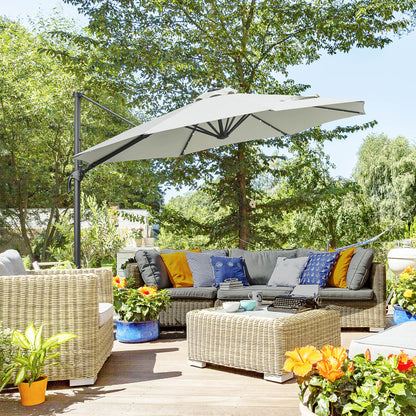 Outsunny 3(m) LED Cantilever Parasol Garden Sun Umbrella w/ Cross Base and Solar Lights Grey 