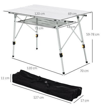 Outsunny 4FT Folding Aluminium Picnic Table Portable Camping BBQ Table Roll Up Top Mesh Layer Rack with Carrying Bag 